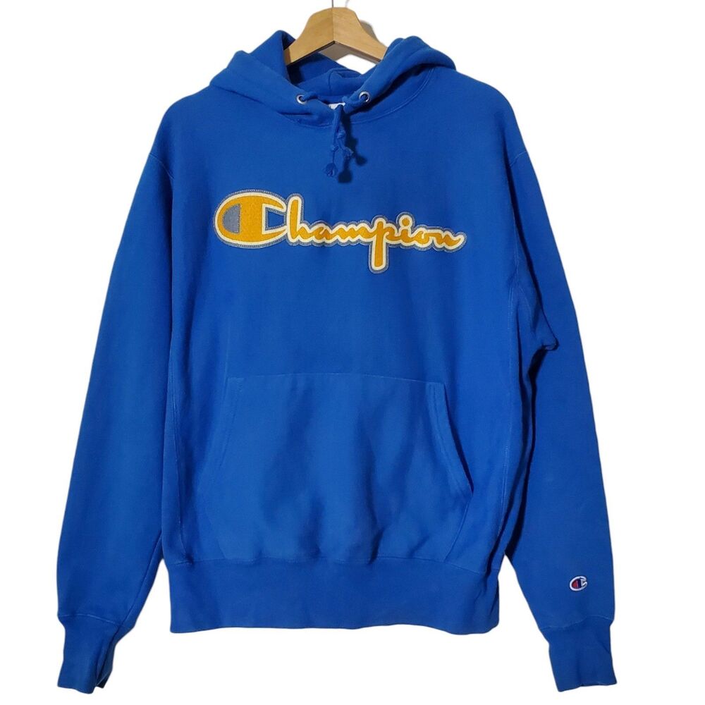 Champion Reverse Weave Hoodie Size M Spellout Logo Retro Throwback Blue Mens - Picture 2 of 11